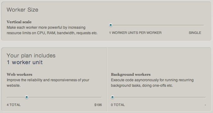 AppHarbor's sliders for "web workers" and "background workers"